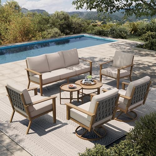 Patio Furniture Set 7-Piece, Metal Outdoor Conversation Set with Wood Grain Finish, 2 x Leg Chair, 2 x Swivel Chair, 1 x 3-Seat Sofa, 2 x Multi-Functional Coffee Table Garden Deck Lawn