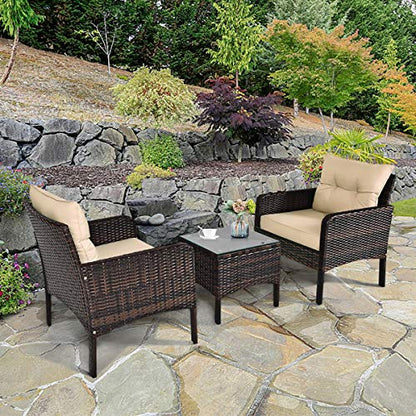 3 Pieces Patio Furniture Set, Outdoor Rattan Wicker Conversation Set with Coffee Table & Cushions, Patio Sofa Set for Garden Balcony Backyard Poolside
