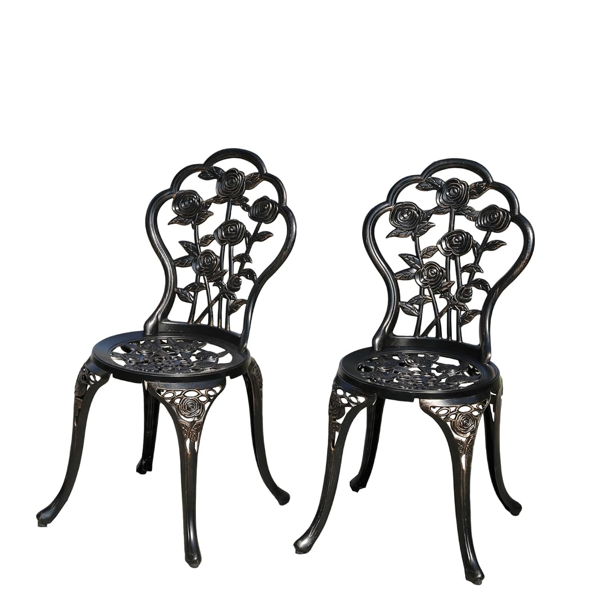 Rose Garden Cast Aluminum Bistro Chairs, Decorative Outdoor Patio Seating, Set of 2, White and Black (Rose Chair Bronze)