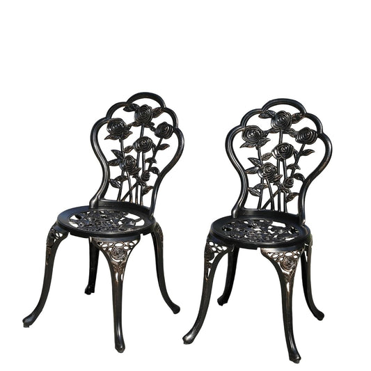 Rose Garden Cast Aluminum Bistro Chairs, Decorative Outdoor Patio Seating, Set of 2, White and Black (Rose Chair Bronze)