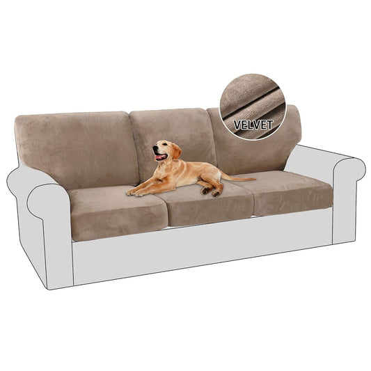 Taupe velvet machine washable sofa cover set