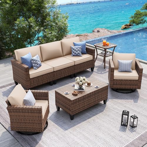 Patio Furniture Set, 5 Pieces Outdoor Conversation Sets with Rocking Swivel Chairs, Wicker Rattan Outdoor Sofa Set with Storage Table and Waterproof Covers for Backyard, Deck, Porch, Khaki