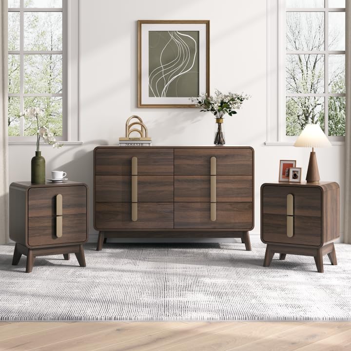 Mid Century Modern Dresser and Nightstand Sets for Bedroom, Walnut