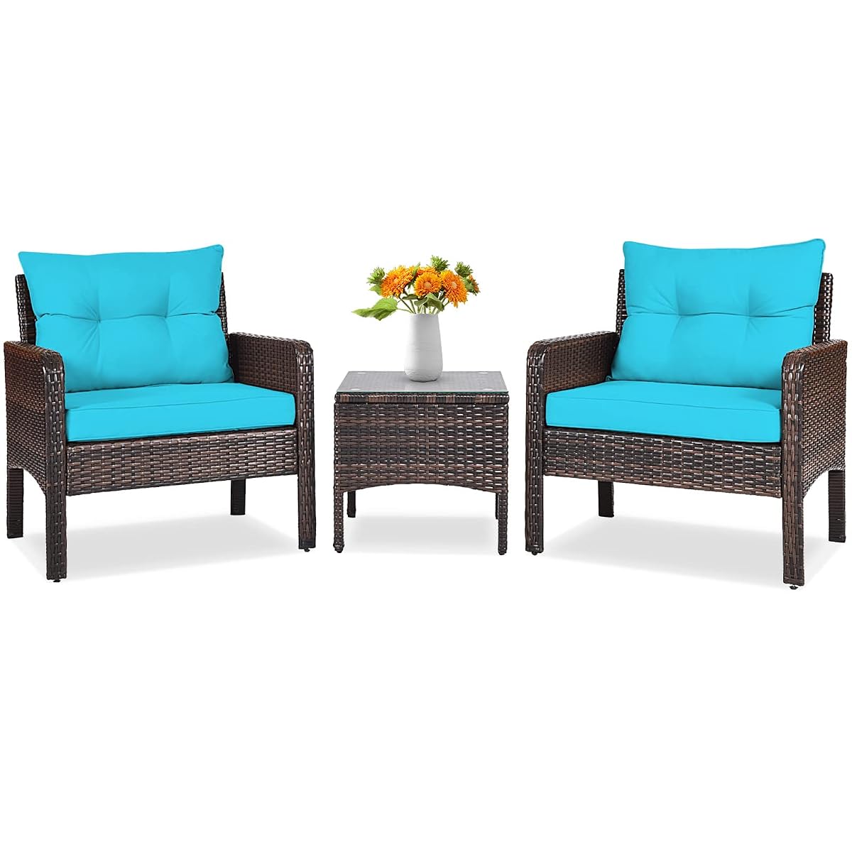 3 Piece Wicker Chairs with Glass Top Coffee Table, Thick Cushions, All Weather Garden Lawn Poolside Backyard Porch Outdoor Patio Furniture Set for 2 (Turquoise)