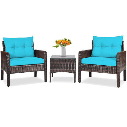 3 Piece Wicker Chairs with Glass Top Coffee Table, Thick Cushions, All Weather Garden Lawn Poolside Backyard Porch Outdoor Patio Furniture Set for 2 (Turquoise)