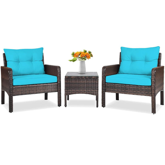 3 Piece Wicker Chairs with Glass Top Coffee Table, Thick Cushions, All Weather Garden Lawn Poolside Backyard Porch Outdoor Patio Furniture Set for 2 (Turquoise)