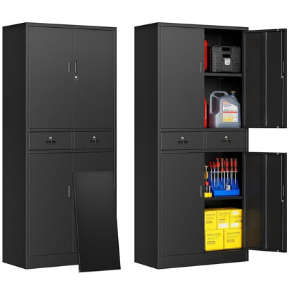 Metal Storage Cabinet, 71" Garage Storage Cabinet with 2 Locking Drawers and 2 Adjustable Shelves, Black Tool Cabinet, Lockable File Steel Cabinet for Home, Office, Gym, School