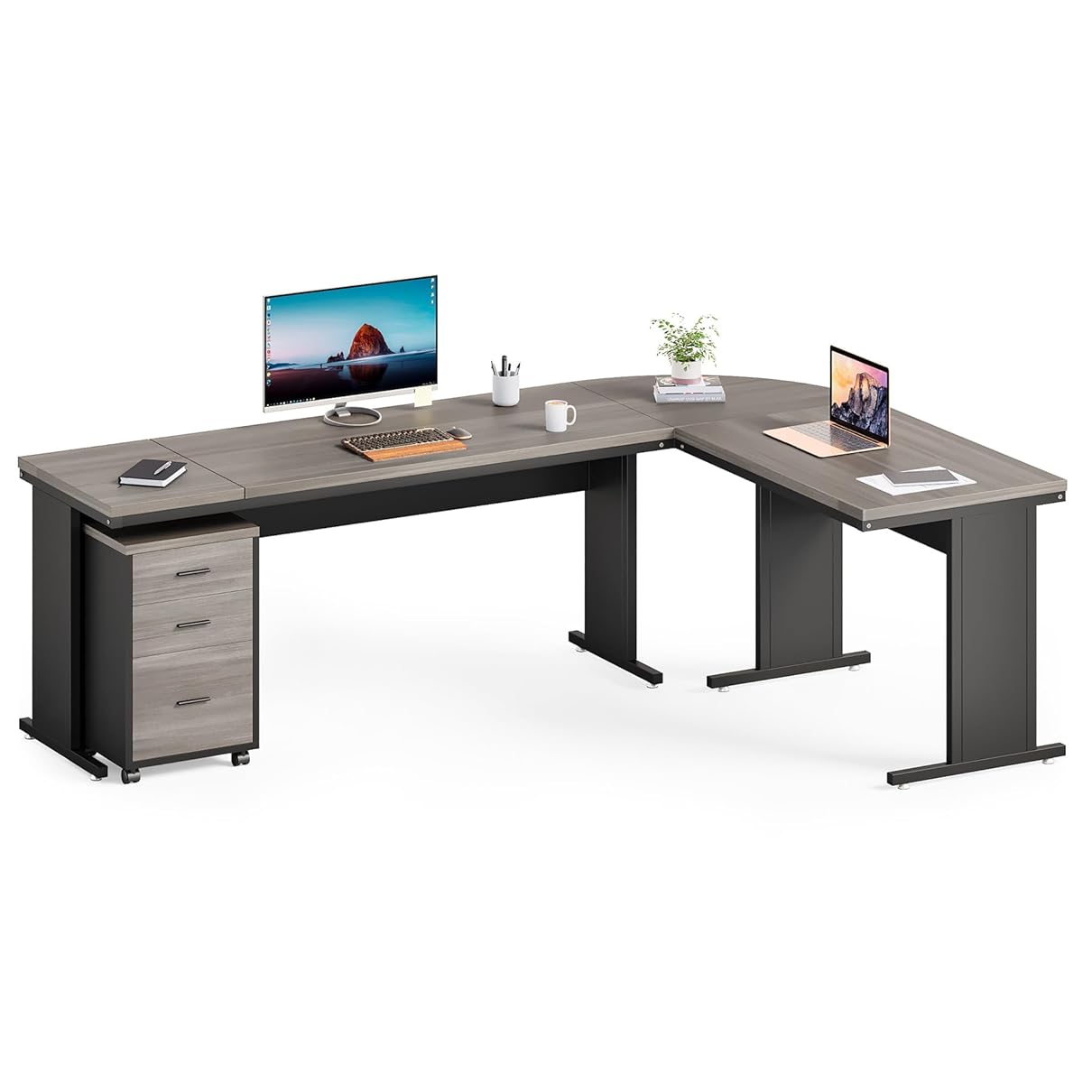 82.67" Long Executive Desk with Drawers, Large L-Shaped Office Desk with Mobile File Cabinet, Farmhouse Computer Office Furniture Work Desk with Storage for Home Office, Gray