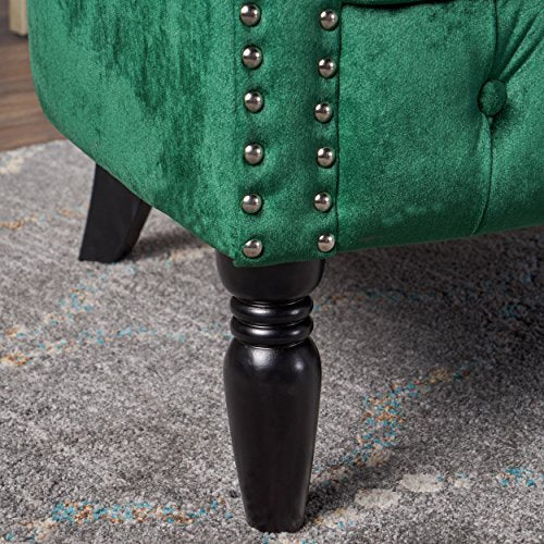 Melaina Tufted Chesterfield Velvet Loveseat with Scrolled Arms, Emerald and Dark Brown.