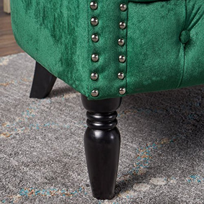 Melaina Tufted Chesterfield Velvet Loveseat with Scrolled Arms, Emerald and Dark Brown.