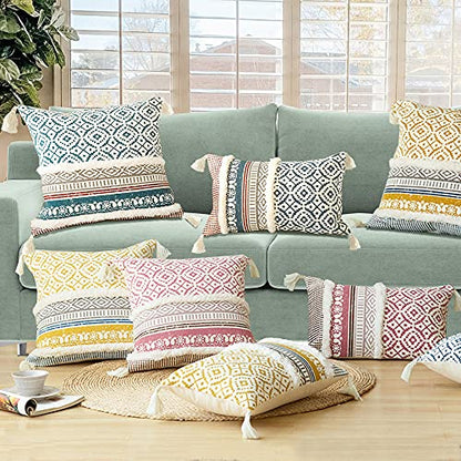 Lumber Boho Throw Pillow Cover for Couch Sofa - Cotton Hand-Woven Tufted Moroccan Decorative Pillows Cover with Tassels for Farmhouse Living Room Bedroom Car Hotel - Blue 12 x 20 Inches