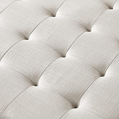 Large Square Upholstered Tufted Linen Ottoman Coffee Table, Large Footrest Ottoman with Solid Wood Shelf-Ivory