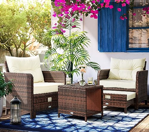 5 Pieces Patio Furniture Set, Rattan Balcony Furniture with Ottomans, PE Wicker Outdoor Patio Chairs Set with Coffee Table for Poolside, Porch, Lawn, Garden, Balcony(Beige)