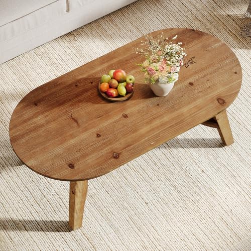 Oval Coffee Table, 47" Real Wood Living Room Table, Natural Pine Solid Wood Coffee Table, Modern Center Accent Furniture, Child-Friendly,Rustic Brown