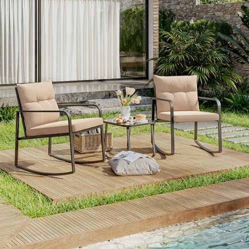3 Piece Rocking Bistro Set, Black Steel Patio Furniture, Porch Chairs Conversation Set with Glass Coffee Table, Back Cushion, for Balcony, Garden, Pool, Backyard, Beige