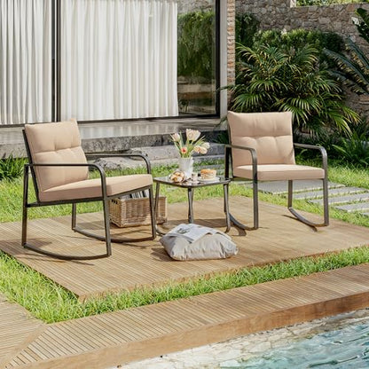3 Piece Rocking Bistro Set, Black Steel Patio Furniture, Porch Chairs Conversation Set with Glass Coffee Table, Back Cushion, for Balcony, Garden, Pool, Backyard, Beige