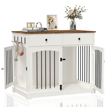 40" Dog Crate Furniture, Farmhouse Wooden Pet Kennel w/Drawer