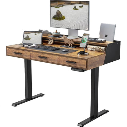 Standing Desk 48x26 Inches with 3 Wood Drawers and Monitor Shelf, Ergonomic Rising Home Office Desks, Height Adjustable Computer Desk, Sit Stand Up Electric Workstation Table, Brown
