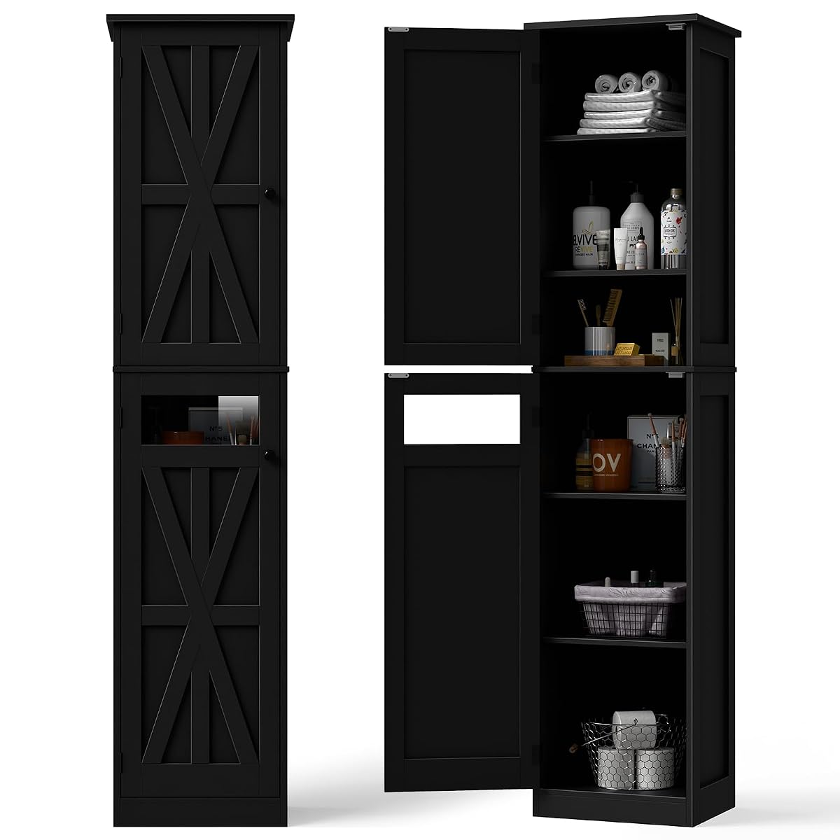 Tall Bathroom Cabinet, Slim Bathroom Storage Cabinet with Adjustable Shelves and 2 Doors, Narrow Floor Storage Cabinet for Bathrooms, Kitchen, Living Room, Black