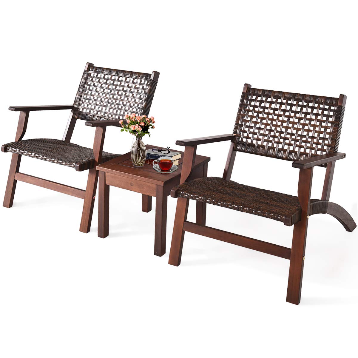 3 Pieces Patio Conversation Set, Solid Eucalyptus Wood Frame Outdoor Wicker Furniture Set Bistro Set with Coffee Table, Rattan Furniture Set for Backyard Porch Garden Poolside Balcony (Brown)