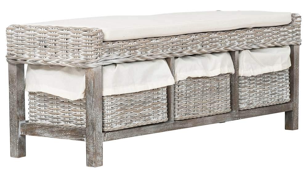 Safavieh FOX6537A Home Collection Kobutsu Rattan Storage Bench, White/Grey Wash