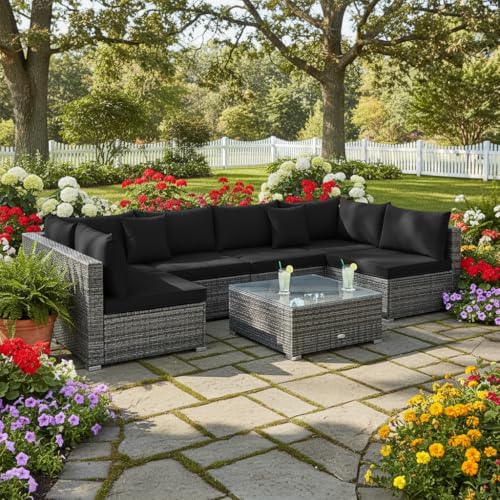 7 Pieces Patio Rattan Furniture Set, Patiojoy Outdoor Conversation Set with Cushions and Tempered Glass Coffee Table, All-Weather Sectional Sofa Set for Garden, Lawn, Backyard (Black)