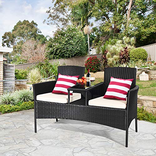 Wicker Patio Conversation Furniture Set, Outdoor Furniture Set with Removable Cushions & Table, Tempered Glass Top, Modern Rattan Bench for Garden Lawn Backyard (White)