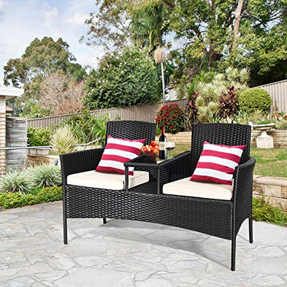 Wicker Patio Conversation Furniture Set, Outdoor Furniture Set with Removable Cushions & Table, Tempered Glass Top, Modern Rattan Bench for Garden Lawn Backyard (White)
