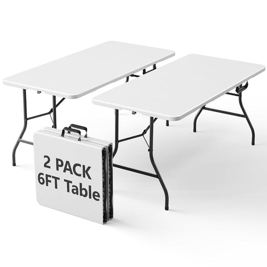 2 Pack Folding Table 6ft - Heavy Duty Plastic Table with Handle, Foldable & Portable, Fold-in-Half Utility Tables for Outdoor, Dining, Wedding, Events, Indoor, Picnic, Camping, Party(White)