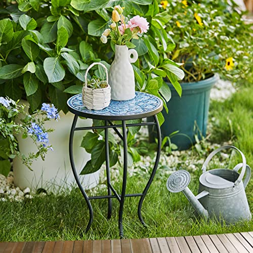 Mosaic Side Table and Plant Stand, 21" Round End Table with 14" Ceramic Tile Top, Indoor & Outdoor Accent Table, Porch Patio Furniture, Entryway & Coffee Table for Home & Garden, Blue Mandala