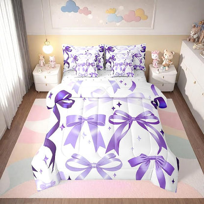 Purple Bowknot Comforter Set 7 Pieces Twin,Girly Bedroom Gift 3D Watercolor Bow Bedding Set,Romantic Bowknot Kids Bedroom Gift (Comforter+Fitted+Flat Sheet+2 Pillowcases+2 Throw Pillow Covers)