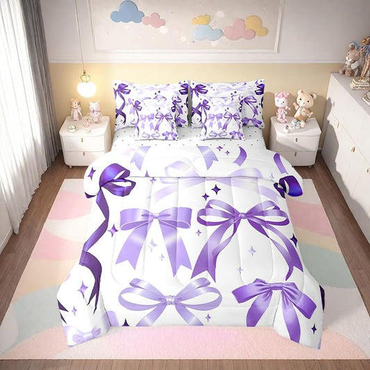 Purple Bowknot Comforter Set 7 Pieces Twin,Girly Bedroom Gift 3D Watercolor Bow Bedding Set,Romantic Bowknot Kids Bedroom Gift (Comforter+Fitted+Flat Sheet+2 Pillowcases+2 Throw Pillow Covers)