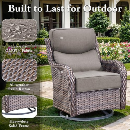 Luxury High Back Outdoor Furniture with 6-inch Extra Thick Cushions, Patio Furniture Set with Fire Pit Table & Swivel Chairs, 9 PCS Wicker Conversation Set for Yard, Deck, Poolside, Brown/Grey
