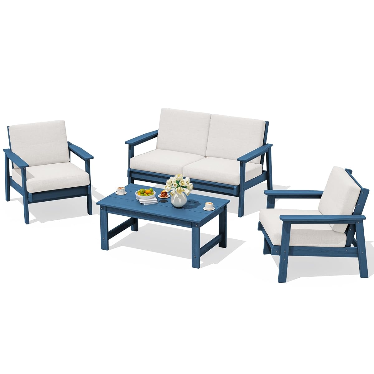 HDPE Outdoor Furniture Set 4, All Weather Patio Sectional Couch | Havy-duty Weatherproof HDPE Frame with Wood-Like Texture, Splash-proof Thick Cushions, Blue Frame and Khaki Cushions