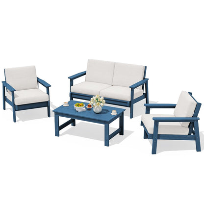 HDPE Outdoor Furniture Set 4, All Weather Patio Sectional Couch | Havy-duty Weatherproof HDPE Frame with Wood-Like Texture, Splash-proof Thick Cushions, Blue Frame and Khaki Cushions