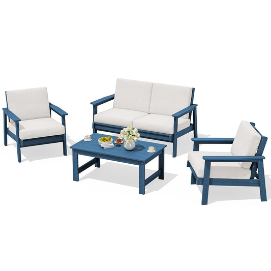 HDPE Outdoor Furniture Set 4, All Weather Patio Sectional Couch | Havy-duty Weatherproof HDPE Frame with Wood-Like Texture, Splash-proof Thick Cushions, Blue Frame and Khaki Cushions
