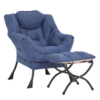 Lazy Chair and Ottoman, Peach Blue Large Accent Chair with Side Pocket, Modern Leisure Upholstered Sofa Reading Armchair with Footrest for Office, Bedroom, Living Room, Dorm Rooms, Balcony