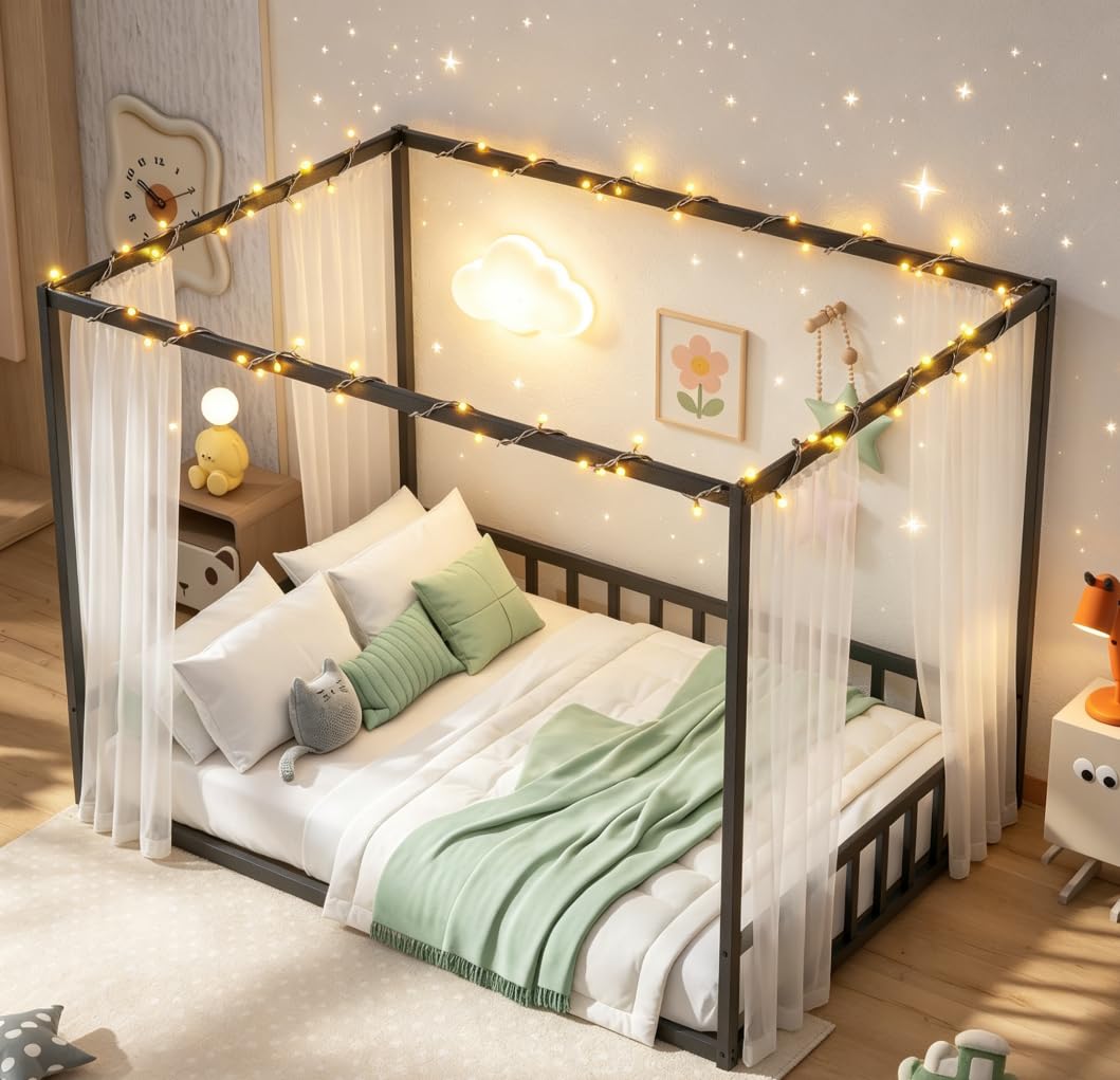 Full Canopy BedFrame with led, Metal Montessori House Floor Bed