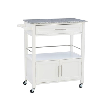 Kyler White Granite Topped Kitchen Cart with Lockable Casters and Hidden Storage Spaces