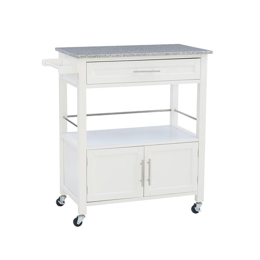 Kyler White Granite Topped Kitchen Cart with Lockable Casters and Hidden Storage Spaces