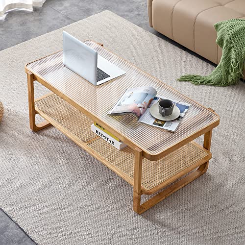 Rattan Coffee Table with Tempered Glass Top,Wood Coffee Table for Living Room,Glass Top with Imitation Rattan Storage Shelf, Rectangle Coffee Table for Living Room