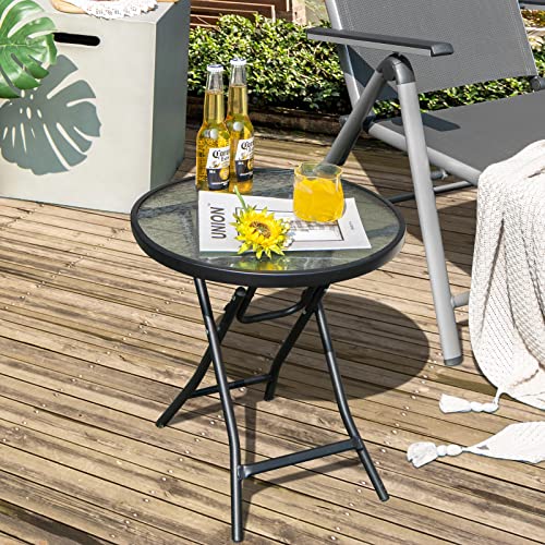 Outdoor Side Table, Folding Small Patio Table with Tempered Glass Tabletop, Steel Frame, Round Outdoor End Table with Anti-Slip Footpads for Balcony Garden Backyard Deck Poolside