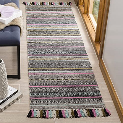 SAFAVIEH Montauk Collection Runner Rug - 2'3" x 8', Black & Multi, Handmade Boho Stripe Fringe Cotton, Ideal for High Traffic Areas in Living Room, Bedroom (MTK901B)