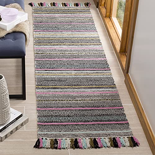 SAFAVIEH Montauk Collection Runner Rug - 2'3" x 8', Black & Multi, Handmade Boho Stripe Fringe Cotton, Ideal for High Traffic Areas in Living Room, Bedroom (MTK901B)