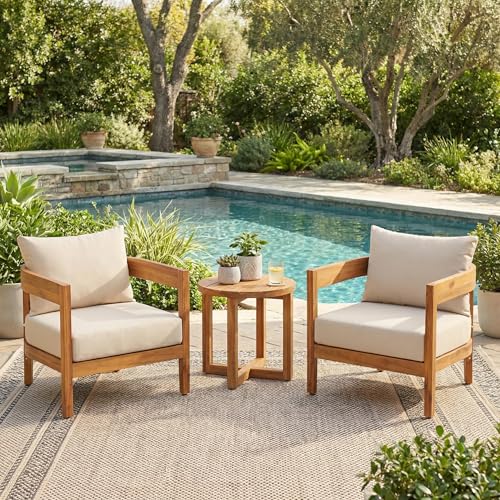 Maze 3-Piece Acacia Wood Patio Furniture Set, Outdoor Conversation Club Chair Set with Coffee Table, Patio Chat Set for Backyard Balcony, Teak+Beige