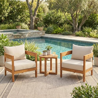 Maze 3-Piece Acacia Wood Patio Furniture Set, Outdoor Conversation Club Chair Set with Coffee Table, Patio Chat Set for Backyard Balcony, Teak+Beige