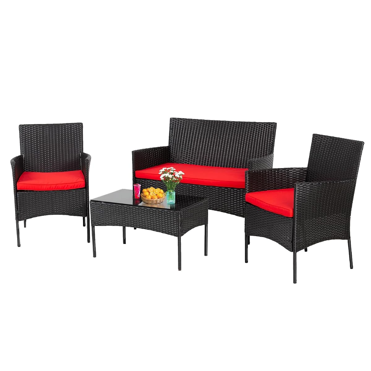 PayLessHere Outdoor Furniture Set 4Pc Modular Patio Furniture Set Water Resistant Conversation Set with 3 Rattan Chairs 1 Tempered Glass Topped Table Seat Cushions for Patio Balcony Poolside, Red