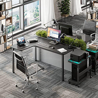 60 Inch Black Corner L Shaped Computer Desk, Home Office Gaming Study Work Writing Table Long Large Sturdy Workstation Simple Modern with Metal Legs, Left Side