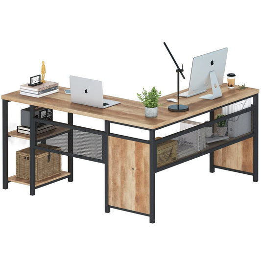 L Shaped Computer Desk with Wood Shelves, Industrial Rustic Home Office Corner Desk with Metal Legs (Rustic Oak, 59 Inch)