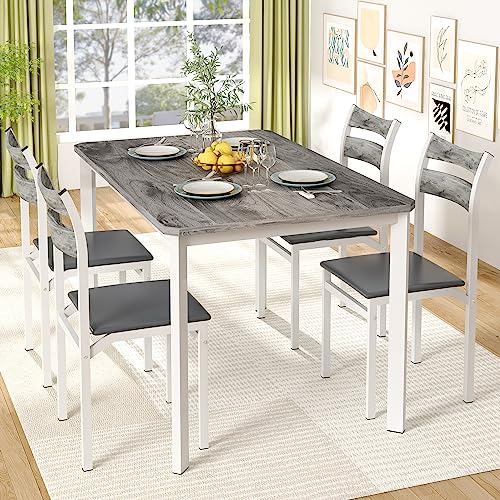5-Piece Dining Table Set for 4, 43.3" Modern Wood Kitchen Table with PU Leather Chairs, Space-Saving for Small Spaces & Apartments, Easy to Assemble(Grey)